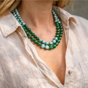 Amazonite Green Jade Double Strand Beaded Necklace Tassel Boho